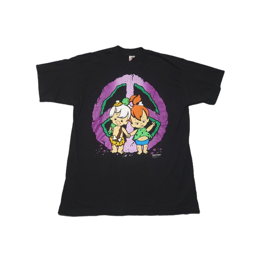 Vintage Flintstones Fruit of the Loom T Shirt Adult XL Black Pebbles Bam Bam USA